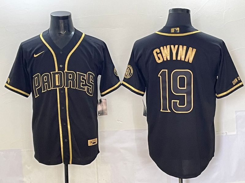 Men 2025 San Diego Padres #19 Gwynn Black Gold Throwback Nike MLB Jersey style 02
